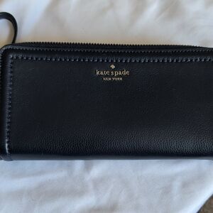 kate spade Black Leather Zip-Around Wallet with Gold Logo